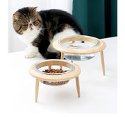 ペット用食器 フードボウル 猫用 犬用 ガラス製 ペット用品 エサ入れ 餌入れ 水入れ 600ML 丸形 脚付き 高さ調節 傾斜 木 ナチュラル おしゃれ ペットグッズ ねこ ネコ いぬ イヌ