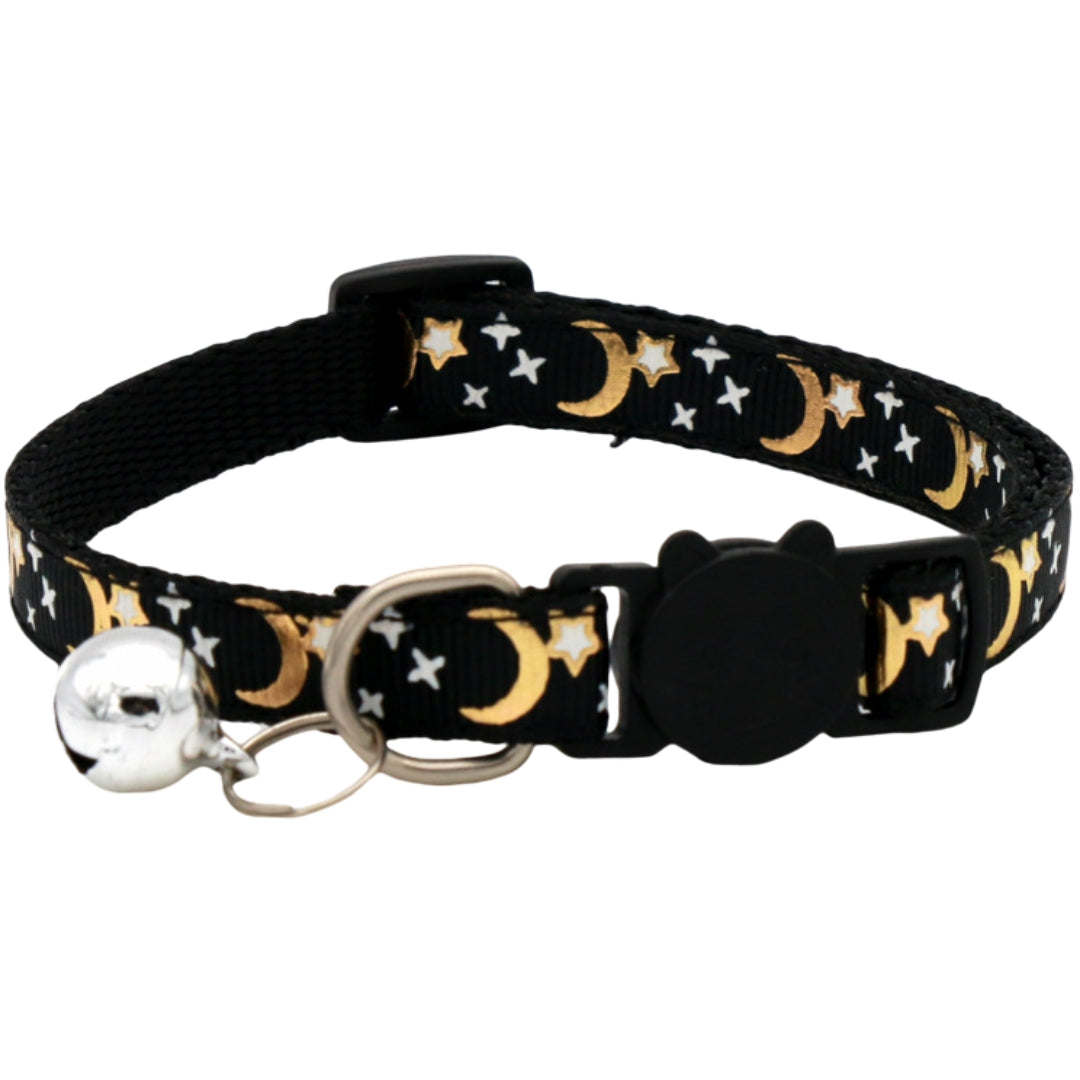 猫用首輪 セーフティバックル CATカラー 鈴付き くびわ チョーカー 星 月 柄 ねこ 愛猫 ネコ用品 ペットグッズ おめかし 軽い 軽量 可愛い おしゃれ ブラック ブルー イエロー レッド グリーン ピンク
