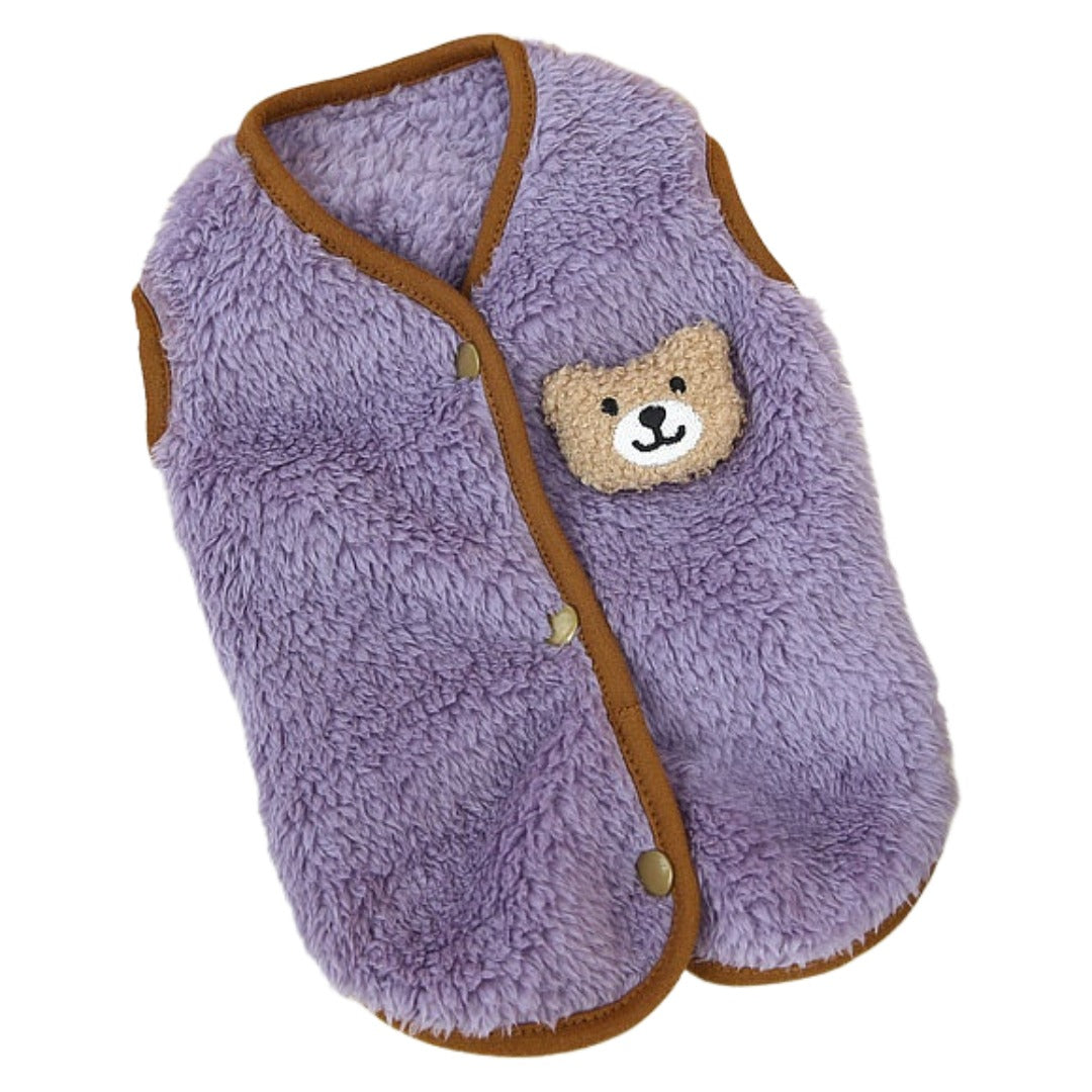 ペット用ベスト トップス 上着 小型犬 中型犬 イヌ 猫 ネコ ペット洋服 ペット服 犬服 秋 冬 春 もこもこ ベストドッグウェア ノースリーブ 袖なし 背中開き スナップボタン 起毛 クマ 熊 ベージュ パープル シンプル カジュアル ポップ 可愛い キュート 防寒 秋冬