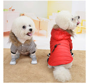 ペットウェア ドッグウェア ジャケット ダウン風 アウター 上着 防寒 犬服 ペット用品 中綿 冬 秋 春 前開き 袖あり フード付き ファー付き あったか 防寒 暖かい スナップボタン 着替えやすい ウエストサイズ調節可 おしゃれ カジュアル かっこいい お散歩 お出かけ 小型犬 中型犬 冬 赤 緑 灰 猫服 前ボタン