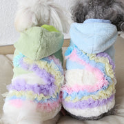 パーカー ボアパーカー ペットウェア ドッグウェア 犬服 猫服 フード付き ボアベスト ワンピース 裏起毛 あったか 防寒 袖なし 前開き 前ボタン ふわふわ ふんわり 暖かい フリル フラワー チュチュ チュールスカート かわいい キュート おしゃれ お出かけ お散歩 ネイビー ピンク 青 灰 ピンク 白 緑