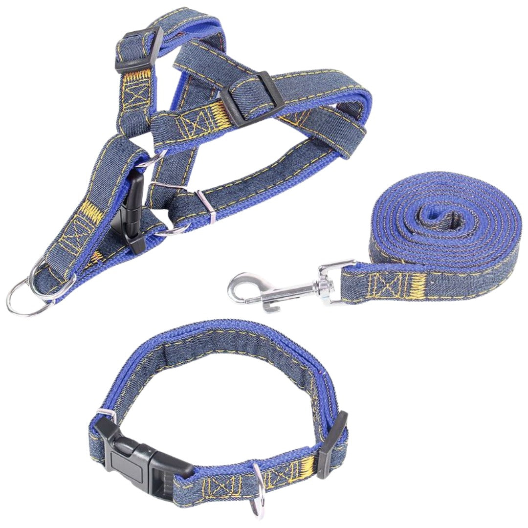 ハーネス リード 首輪 3点セット ペット用品 小型犬 中型犬 猫 デニム 胴輪 胸あて 牽引ロープ 散歩紐 リーシュ サイズ調整可能