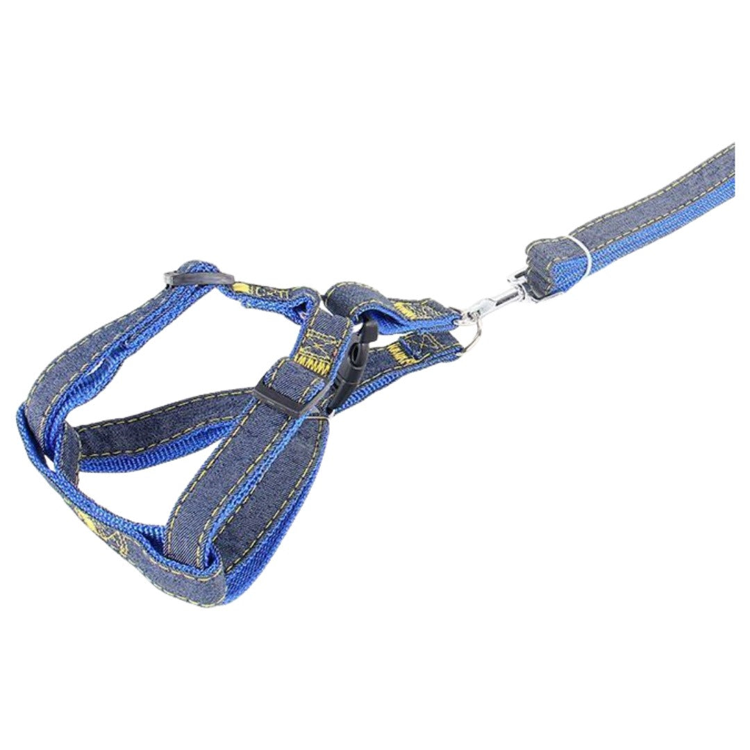 ハーネス リード 2点セット ペット用品 小型犬 中型犬 猫 デニム 胴輪 胸あて 牽引ロープ 散歩紐 リーシュ サイズ調整可能