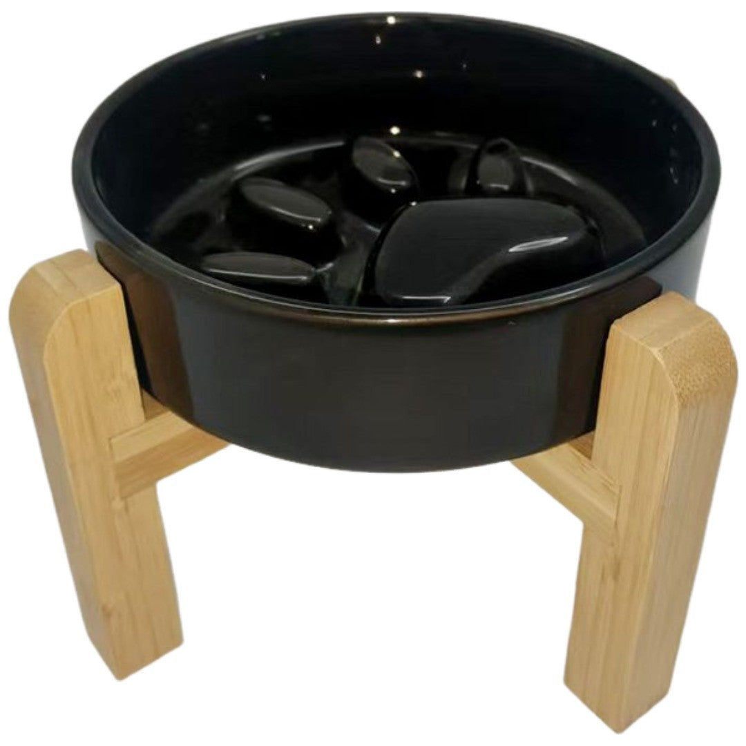 ペット用食器 フードボウル 陶器製 木製 竹製スタンド付き 餌入れ エサ入れ 犬 猫 スローフード 飲み込み 丸飲み 早食い防止