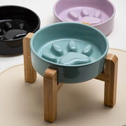 ペット用食器 フードボウル 陶器製 木製 竹製スタンド付き 餌入れ エサ入れ 犬 猫 スローフード 飲み込み 丸飲み 早食い防止