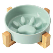 ペット用食器 フードボウル 陶器製 木製 竹製スタンド付き 餌入れ エサ入れ 犬 猫 スローフード 飲み込み 丸飲み 早食い防止