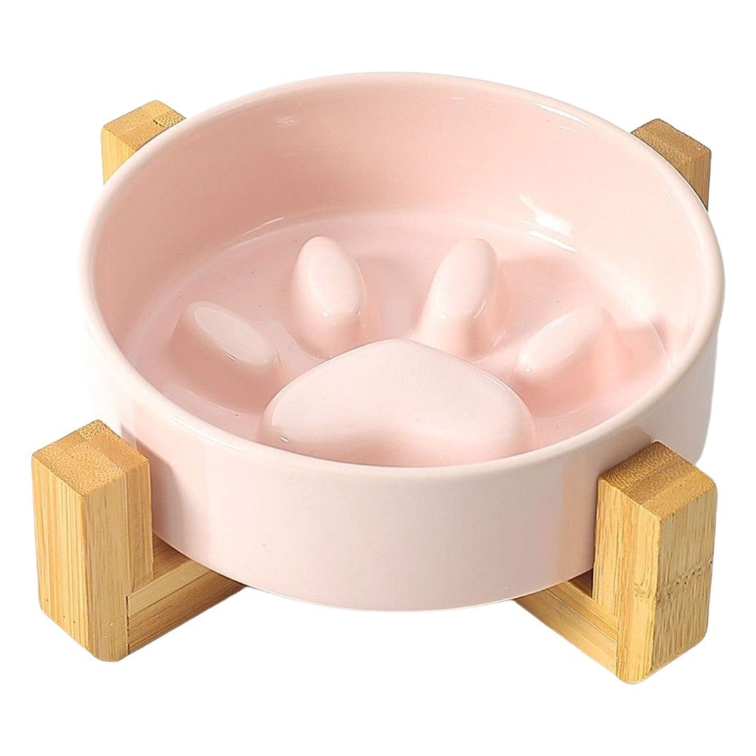 ペット用食器 フードボウル 陶器製 木製 竹製スタンド付き 餌入れ エサ入れ 犬 猫 スローフード 飲み込み 丸飲み 早食い防止