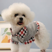 ドッグウェア トップス トレーナー レイヤード風 シャツ 襟付き ペット服 犬服 犬用ウェア ペットウェア  春 秋 冬 小型犬 中型犬 袖あり 襟付き 犬服 猫服 あったか 重ね着風 チェック ボタン 前開き シンプル カジュアル おしゃれ 散歩 お出かけ ワンちゃん ペット用品 紺