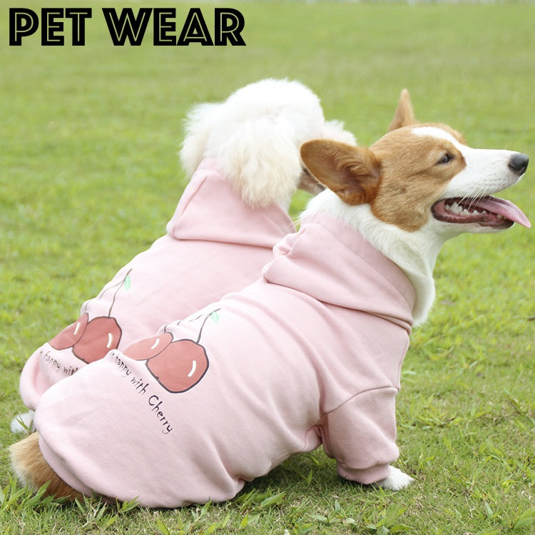 ペットウェア ドッグウェア パーカー 洋服 犬用 フード付き 袖あり さくらんぼ チェリー イラスト プリント ピンク シンプル カジュアル おしゃれ かわいい お散歩 公園 お出かけ 普段使い ペット服 犬の服