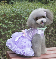 ペットウェア ドレス ワンピース ドッグウェア 犬服 猫服 小型犬 中型犬 前開き スナップボタン チュール サテン フリル フラワー かわいい おしゃれ パーティー 結婚式 おめかし 花 リボン オーガンジー パール風 ピンク パープル 紫