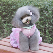 ペットウェア ドレス ワンピース ドッグウェア 犬服 猫服 小型犬 中型犬 前開き スナップボタン チュール サテン フリル フラワー かわいい おしゃれ パーティー 結婚式 おめかし 花 リボン オーガンジー パール風 ピンク パープル 紫