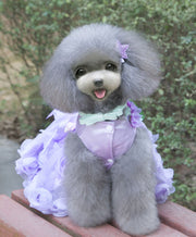 ペットウェア ドレス ワンピース ドッグウェア 犬服 猫服 小型犬 中型犬 前開き スナップボタン チュール サテン フリル フラワー かわいい おしゃれ パーティー 結婚式 おめかし 花 リボン オーガンジー パール風 ピンク パープル 紫