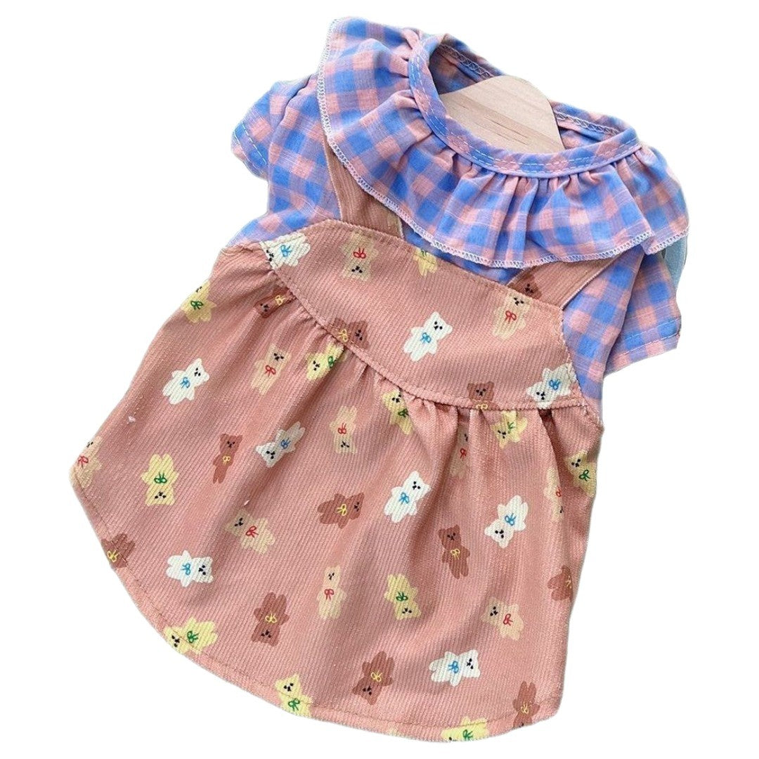 ペットウェア ペット用ワンピース 犬服 猫服 犬用ウェア ドッグウェア 重ね着風 フェイクレイヤード サロペット風 ボタン チェック柄 可愛い おしゃれ お散歩 記念写真 ギフト プレゼント ワンちゃん ネコちゃん イヌ ネコ キャット ドッグ