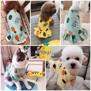 ペット用ワンピース ペット用カットソー ペット用Tシャツ ペットウェア ペット服 犬服 ドッグウェア イヌ 小型犬 中型犬 ネコ 猫 袖あり トップス プルオーバー フリル レース 総柄 パイナップル フルーツ イエロー グリーン かわいい キュート カジュアル 夏