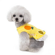 ペット用ワンピース ペット用カットソー ペット用Tシャツ ペットウェア ペット服 犬服 ドッグウェア イヌ 小型犬 中型犬 ネコ 猫 袖あり トップス プルオーバー フリル レース 総柄 パイナップル フルーツ イエロー グリーン かわいい キュート カジュアル 夏