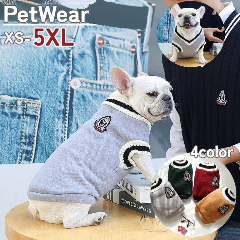 ドッグウェア セーター ニット トップス 犬服 ペット服 ペット用品 小型犬 中型犬 裏起毛 Vネック リブ ワンポイント ベスト風 かわいい おしゃれ お散歩 お出かけ