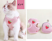ハーネス リード 2点セット ペット 猫 ネコ 胴輪 ペットグッズ ペット用品 チェック フルーツ 果物 かわいい お散歩 お出かけ 牽引紐
