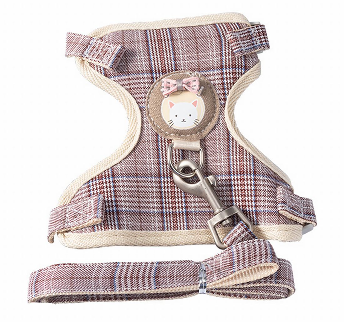 猫用ハーネス リード 2点セット ペット用品 リーシュ 牽引紐 ネコ ねこ スナップフック チェック柄 キャラクター レッド ブルー ピンク カーキ かわいい キュート おしゃれ お散歩 お出かけ アウトドア キャット S L