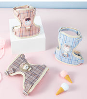 猫用ハーネス リード 2点セット ペット用品 リーシュ 牽引紐 ネコ ねこ スナップフック チェック柄 キャラクター レッド ブルー ピンク カーキ かわいい キュート おしゃれ お散歩 お出かけ アウトドア キャット S L