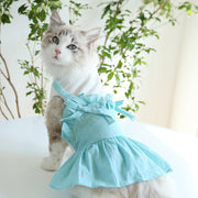 ドッグウエア キャットウェア ペットウェア ワンピース ノースリーブ レイヤード風 重ね着風 リボン フリル ストライプ柄 プルオーバー ギャザー 犬の服 犬服 猫服 ネコ イヌ お出かけ かわいい キュート おしゃれ カジュアル お散歩 ペットグッズ キャット 小型犬 中型犬 XS S M L XL ブルー 青 グレー 灰