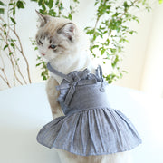 ドッグウエア キャットウェア ペットウェア ワンピース ノースリーブ レイヤード風 重ね着風 リボン フリル ストライプ柄 プルオーバー ギャザー 犬の服 犬服 猫服 ネコ イヌ お出かけ かわいい キュート おしゃれ カジュアル お散歩 ペットグッズ キャット 小型犬 中型犬 XS S M L XL ブルー 青 グレー 灰