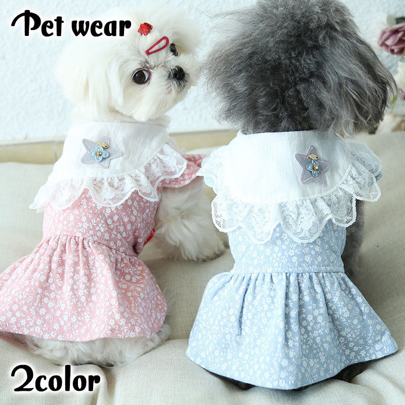 ドッグウェア ワンピース 犬服 猫服 洋服 ペット用品 小型犬 袖なし ノースリーブ プルオーバー レース ビッグカラー 小花柄 フラワー 肩フリル おしゃれ かわいい ガーリー キュート カジュアル デイリー お出かけ お散歩 イヌ いぬ ネコ ねこ キャットウェア
