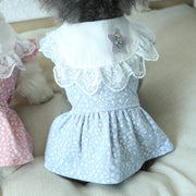 ドッグウェア ワンピース 犬服 猫服 洋服 ペット用品 小型犬 袖なし ノースリーブ プルオーバー レース ビッグカラー 小花柄 フラワー 肩フリル おしゃれ かわいい ガーリー キュート カジュアル デイリー お出かけ お散歩 イヌ いぬ ネコ ねこ キャットウェア
