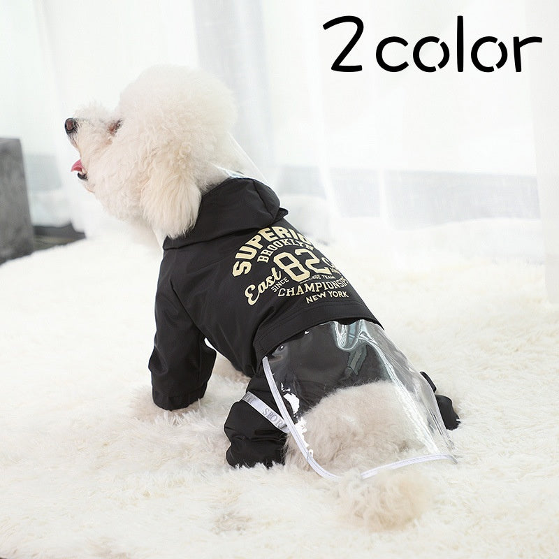 レインコート ペットウェア ドッグウェア 犬用 雨具 つなぎ カバーオール 袖あり メッシュ フード付き ロゴ シンプル レッド ブラック かわいい お散歩 公園 お出かけ ペット服 犬の服 雨合羽 カッパ ペット用品