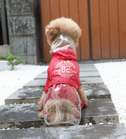 レインコート ペットウェア ドッグウェア 犬用 雨具 つなぎ カバーオール 袖あり メッシュ フード付き ロゴ シンプル レッド ブラック かわいい お散歩 公園 お出かけ ペット服 犬の服 雨合羽 カッパ ペット用品
