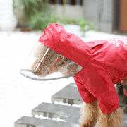レインコート ペットウェア ドッグウェア 犬用 雨具 つなぎ カバーオール 袖あり メッシュ フード付き ロゴ シンプル レッド ブラック かわいい お散歩 公園 お出かけ ペット服 犬の服 雨合羽 カッパ ペット用品