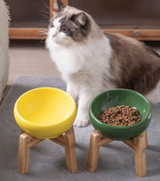 ペット用食器 フードボウル 猫 ネコ 子犬 小型犬 320ml お水入れ 陶器製 木製 スタンド付き 高さあり 傾斜 食べやすい 陶器製 おしゃれ 餌入れ エサ入れ 幼犬 猫用 老犬 老猫 パピー