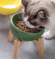 ペット用食器 フードボウル 猫 ネコ 子犬 小型犬 320ml お水入れ 陶器製 木製 スタンド付き 高さあり 傾斜 食べやすい 陶器製 おしゃれ 餌入れ エサ入れ 幼犬 猫用 老犬 老猫 パピー