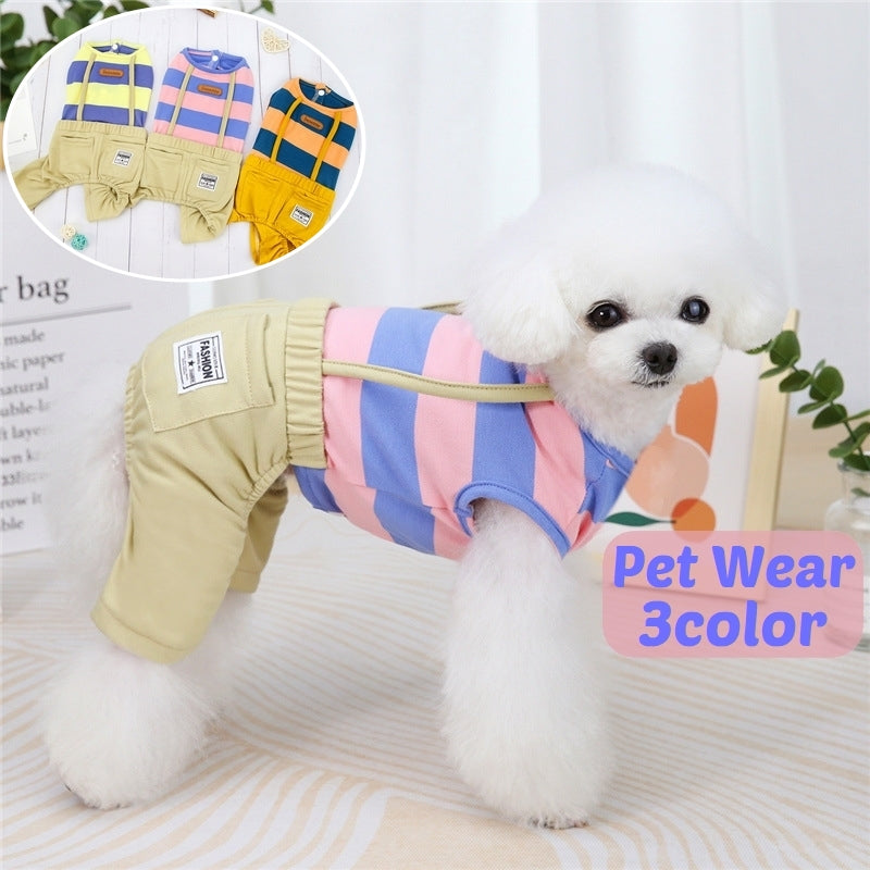 ペットウェア カバーオール ロンパース つなぎ 犬服 猫服 ドッグ キャット ノースリーブ ボタン 前開き ボーダー 重ね着風 カジュアル かわいい おしゃれ お散歩 お出かけ ツナギ イヌ ネコ いぬ ねこ ピンク イエロー オレンジ