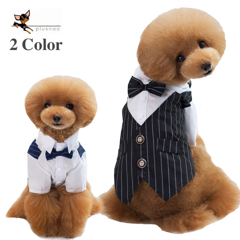 ペットウェア フォーマル シャツ 犬服 猫服 犬用ウェア ドッグウェア 蝶ネクタイ ストライプ スーツ風 バスト風 重ね着風 可愛い おしゃれ お散歩 記念写真 インスタ映え ギフト プレゼント ワンちゃん ネコちゃん イヌ ネコ キャット ドッグ ネイビー 黒