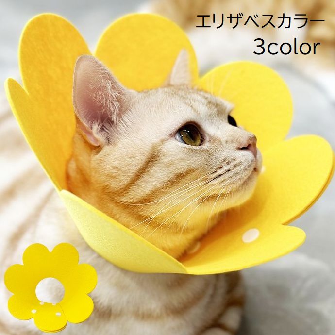 エリザベスカラー 猫用 ネコ 犬用 イヌ ペット用品 スナップボタン 保護 カット可能 サイズ調節可能 花形 フラワー 無地 単色 イエロー オレンジ ピンク かわいい おしゃれ 便利 キャット ドッグ