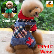 ペットウェア カバーオール つなぎ 犬服 猫服 ドッグ キャット フード付き ボタン 前開き ロゴ チェック ボア 重ね着風 暖かい 防寒 保温 散歩 かわいい おしゃれ お出かけ カジュアル 寒さ対策 あったか ストライプ ワッペン 秋 冬 レッド グリーン