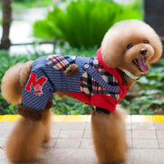 ペットウェア カバーオール つなぎ 犬服 猫服 ドッグ キャット フード付き ボタン 前開き ロゴ チェック ボア 重ね着風 暖かい 防寒 保温 散歩 かわいい おしゃれ お出かけ カジュアル 寒さ対策 あったか ストライプ ワッペン 秋 冬 レッド グリーン