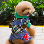 ペットウェア カバーオール つなぎ 犬服 猫服 ドッグ キャット フード付き ボタン 前開き ロゴ チェック ボア 重ね着風 暖かい 防寒 保温 散歩 かわいい おしゃれ お出かけ カジュアル 寒さ対策 あったか ストライプ ワッペン 秋 冬 レッド グリーン