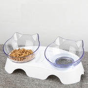 ネコ用食器 フードボール 猫 ネコ 犬 イヌ 小型犬 ドッグ キャット ペット用品 ペットグッズ エサ入れ 水入れ 15度 斜め 傾き 食べやすい クリアボウル 猫型 中身が見える 透明 かわいい キュート シンプル プラスチック ダブルボウル 白