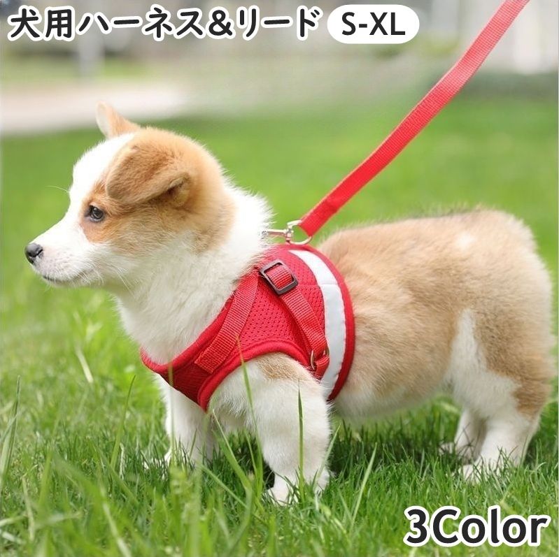 ハーネス リード 2点セット 小型犬 中型犬 イヌ 猫 ネコ ペットグッズ ペット用品 お散歩グッズ 背中開き 背中あき 反射板付き 面ファスナー ワンタッチバックル メッシュ Dカン かわいい キュート カジュアル
