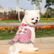 ドッグウェア キャミソールワンピース 犬服 猫服 ペット用品 キャット 小型犬 ノースリーブ 袖なし ボタン 前開き チェック柄 レース フリル フレア プリント イラスト イチゴ 苺 いちご アヒル 花 フラワー かわいい おしゃれ お出かけ お散歩 デイリー 普段使い 洋服 イヌ ネコ いぬ ねこ
