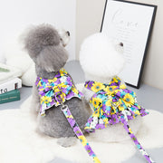ドッグウェア ワンピース ベスト リード付き ペットウェア 小型犬 中型犬 袖なし 花柄 フラワー リボン メッシュ かわいい おしゃれ お出かけ お散歩 おめかし マジック テープ プリント プリーツ Aライン ブルー オレンジ パープル 青 紫