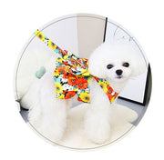 ドッグウェア ワンピース ベスト リード付き ペットウェア 小型犬 中型犬 袖なし 花柄 フラワー リボン メッシュ かわいい おしゃれ お出かけ お散歩 おめかし マジック テープ プリント プリーツ Aライン ブルー オレンジ パープル 青 紫