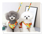 ドッグウェア ワンピース ベスト リード付き ペットウェア 小型犬 中型犬 袖なし 花柄 フラワー リボン メッシュ かわいい おしゃれ お出かけ お散歩 おめかし マジック テープ プリント プリーツ Aライン ブルー オレンジ パープル 青 紫