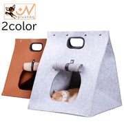 猫用ベッド 猫用ハウス キャットハウス ネコ ペット用品 ペットグッズ 折りたたみ可能 持ち手付き 窓付き 洗える フェルト メッシュ ボタン ファスナー 無地 ブラウン ライトグレー シンプル 犬 イヌ おでかけ