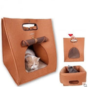猫用ベッド 猫用ハウス キャットハウス ネコ ペット用品 ペットグッズ 折りたたみ可能 持ち手付き 窓付き 洗える フェルト メッシュ ボタン ファスナー 無地 ブラウン ライトグレー シンプル 犬 イヌ おでかけ