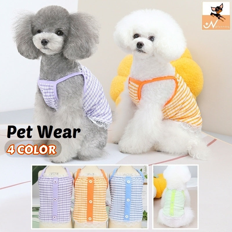 ペットウェア キャミソール 犬服 猫服 ドッグ キャット ノースリーブ プルオーバー チェック柄 レース ボタン かわいい おしゃれ パステルカラー デイリー 普段使い お散歩 お出かけ 洋服 イヌ ネコ オレンジ ブルー パープル グリーン