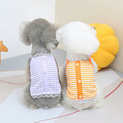 ペットウェア キャミソール 犬服 猫服 ドッグ キャット ノースリーブ プルオーバー チェック柄 レース ボタン かわいい おしゃれ パステルカラー デイリー 普段使い お散歩 お出かけ 洋服 イヌ ネコ オレンジ ブルー パープル グリーン