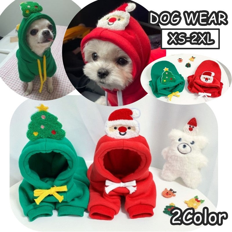 ドッグウエア クリスマス サンタ ツリー ペット服 パーカー キャットウエア 犬用 猫用 袖あり フーディ 犬 猫 秋冬 防寒 あったか 暖かい レッド グリーン