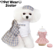 ペットウェア ワンピース 犬服 猫服 ドッグ キャット フレア フリル チェック 袖あり 重ね着風 帽子付き ガーリー カジュアル かわいい お散歩 お出かけ デイリー 普段使い おしゃれ イヌ ネコ グレー ピンク